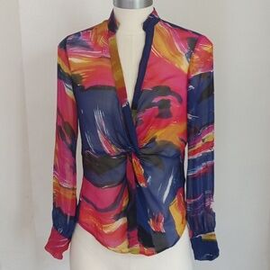 Diane Von Furstenberg Women's Blouse Twist Front Silk Multicolor Top Size 2